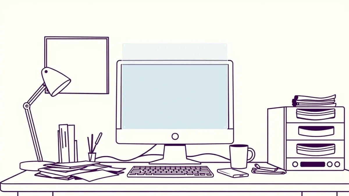 Illustration: A single desktop computer sits on a cluttered office desk, surrounded by scattered papers and a coffee mug.