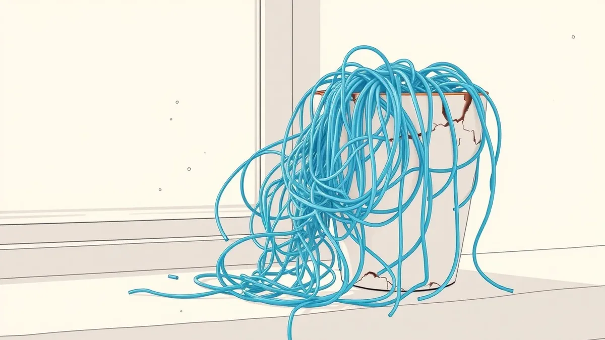 Illustration: A tangled knot of thin, translucent blue threads spills from a cracked ceramic flowerpot onto a dusty windowsill.