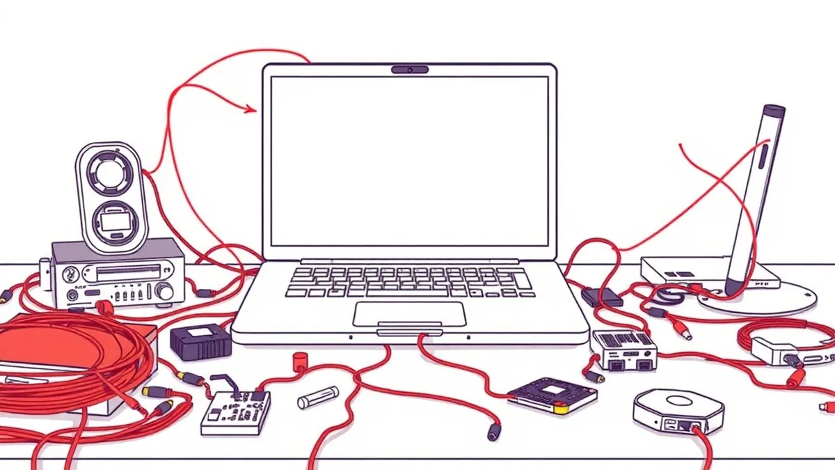Illustration: A cluttered desk holds a laptop with a blank screen, surrounded by scattered physical components like circuit boards and cables.