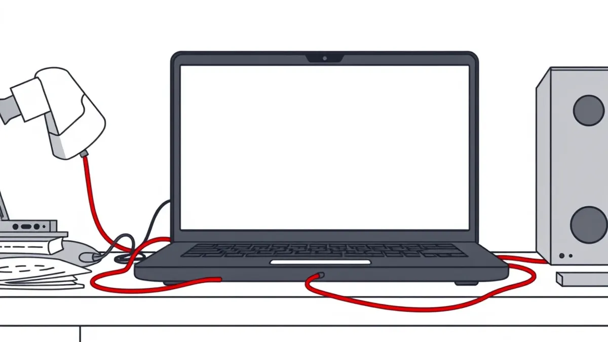 Illustration: A sleek black laptop sits on a cluttered desk, its screen glowing with a stark white background and simple geometric shapes.
