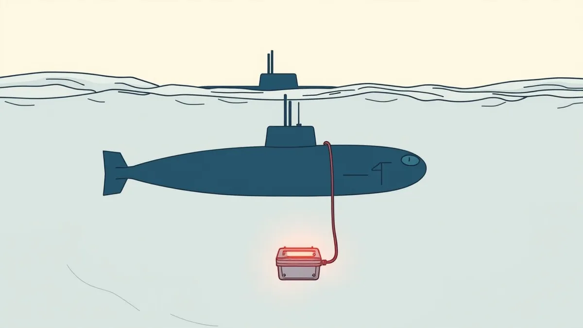 Illustration: A dark, sleek submarine glides silently beneath turbulent ocean waves, its periscope extending just above the surface.