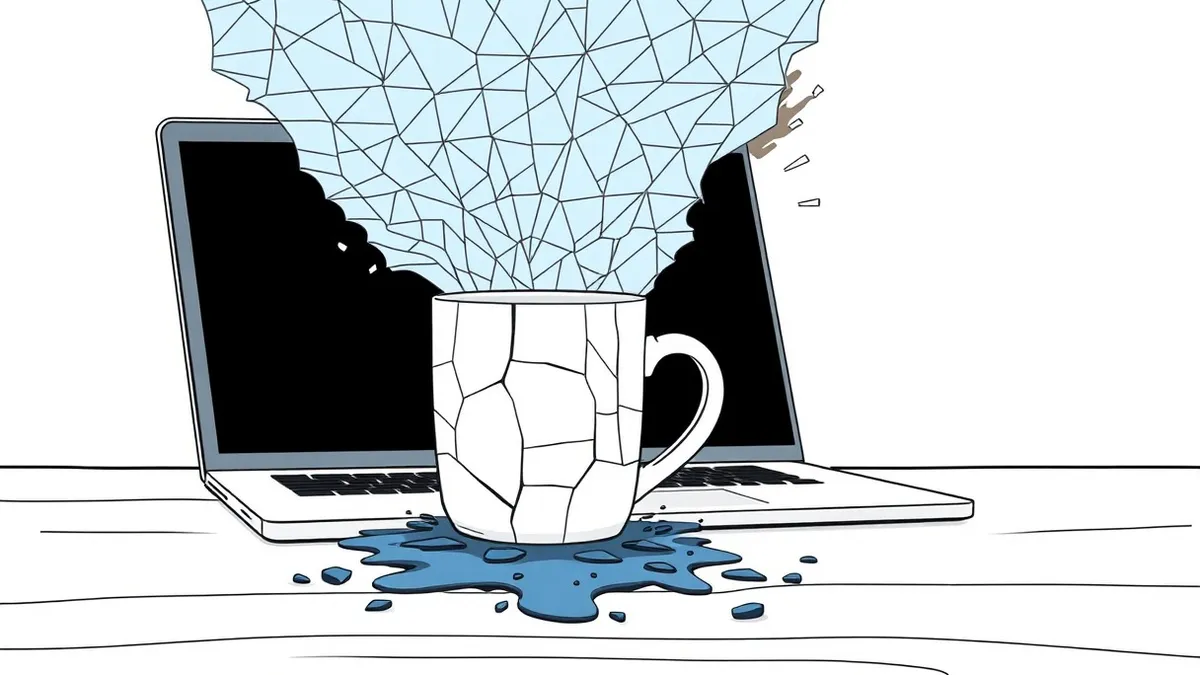 Illustration: A cracked white ceramic mug sits beside a sleek laptop with a blank black screen.