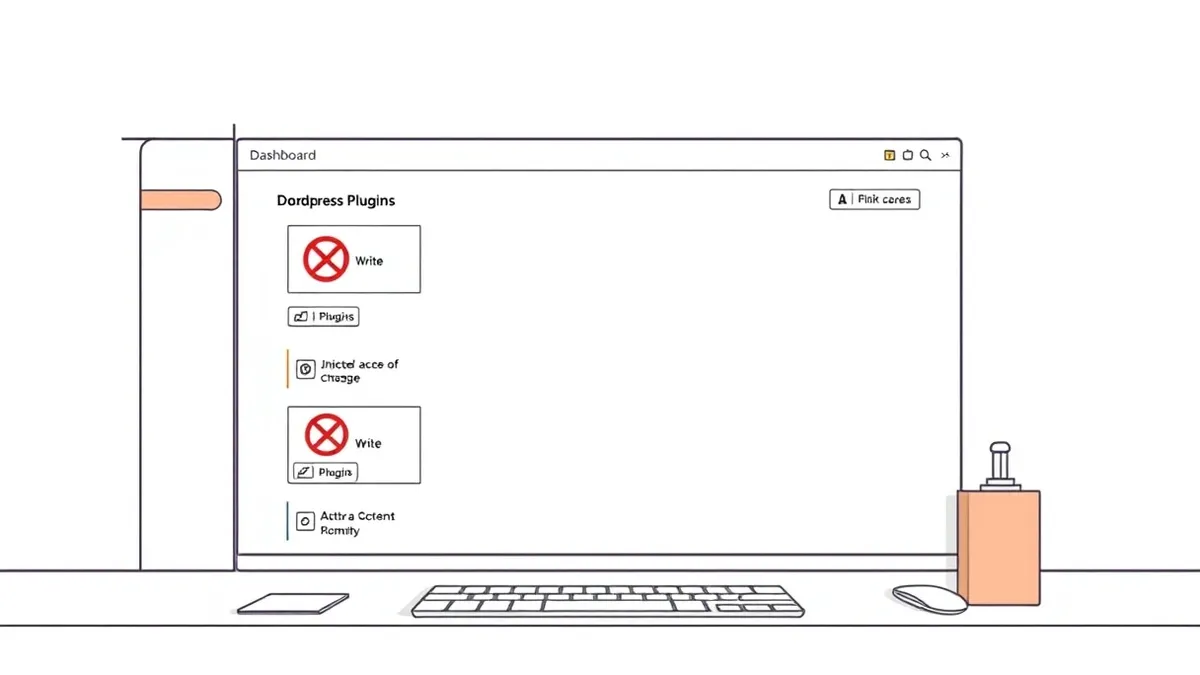 Illustration: A WordPress dashboard interface displays a list of plugin cards with disabled edit buttons.