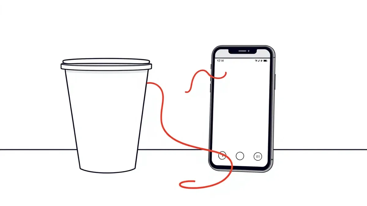 Illustration: A white plastic fast-food cup sits on a smooth counter next to a smartphone displaying a blank mobile app interface.