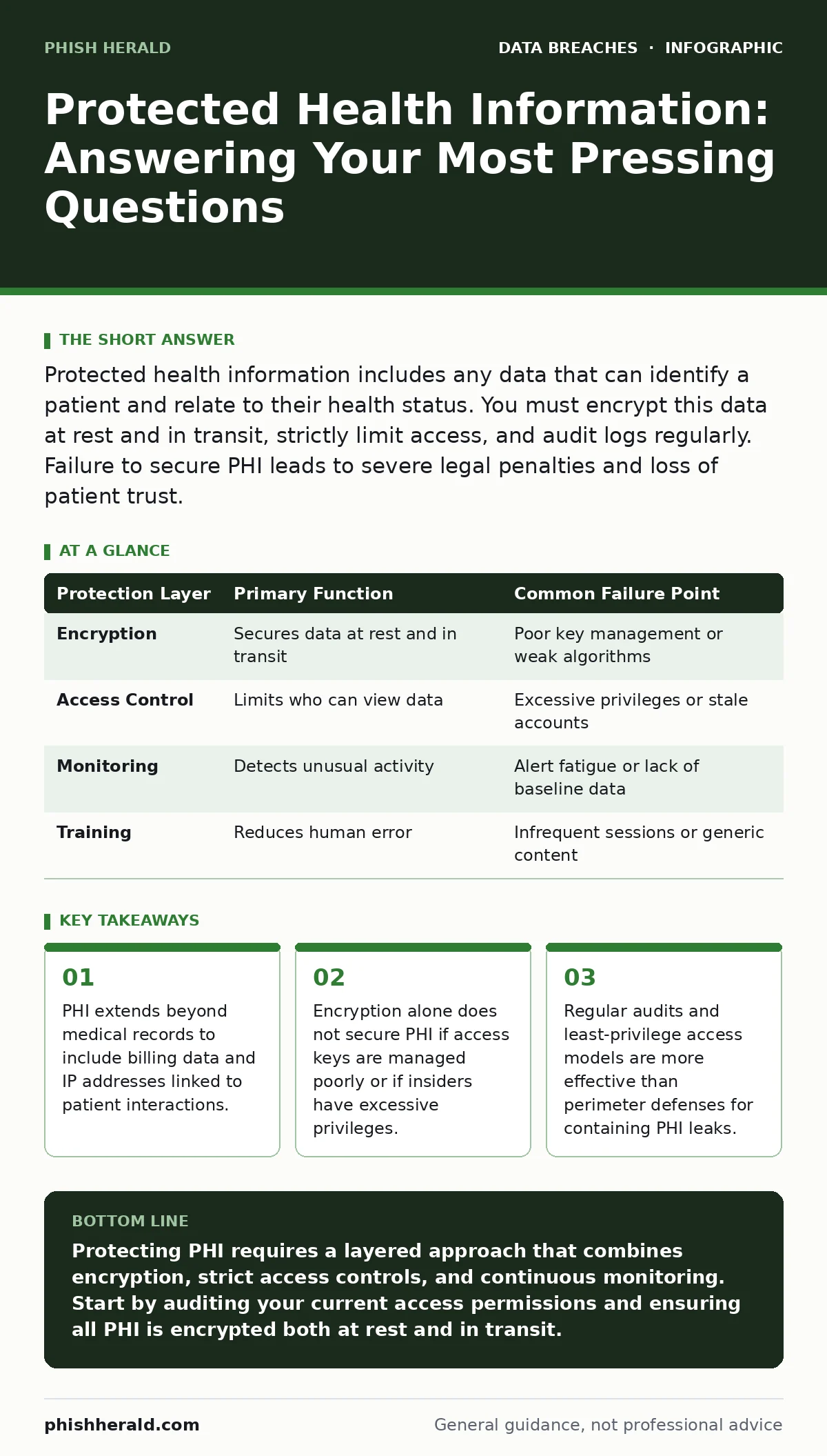 Infographic: Protected Health Information: Answering Your Most Pressing Questions. PHI extends beyond medical records to include billing data and IP addresses linked to patient interactions. Encryption alone does not secure PHI if access keys are managed poorly or if insiders have excessive privileg