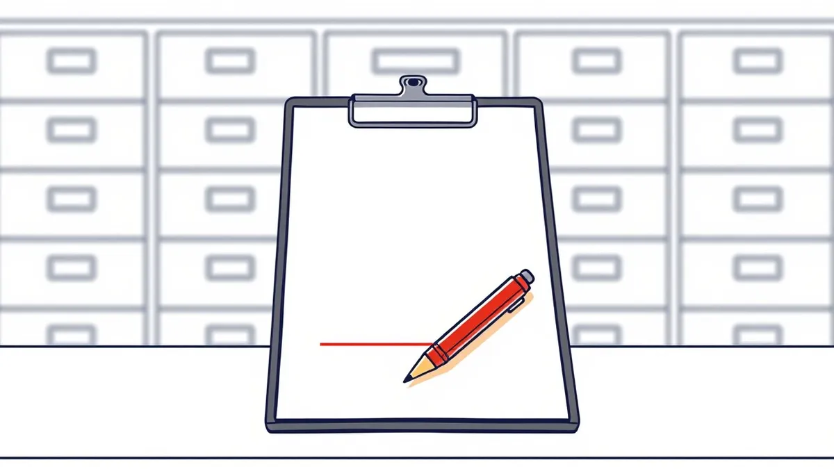Illustration: A white clipboard holding blank medical forms sits on a sterile examination table.