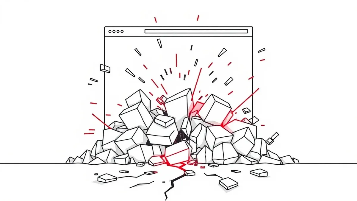 Illustration: A cracked digital foundation fractures beneath a crumbling website layout.