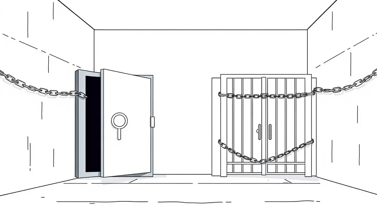 Illustration: A sleek metal bank vault door sits slightly ajar in a dim concrete corridor, revealing darkness within.