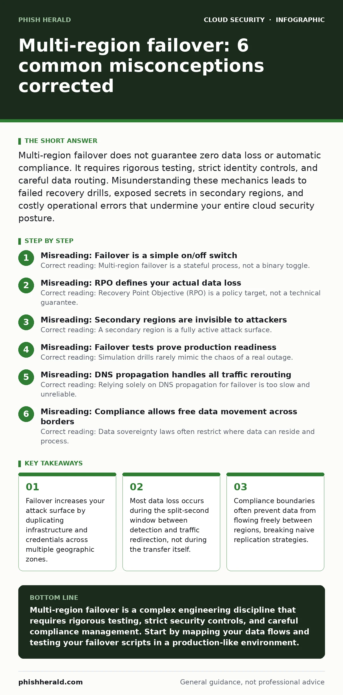 Infographic: Multi-region failover: 6 common misconceptions corrected. Failover increases your attack surface by duplicating infrastructure and credentials across multiple geographic zones. Most data loss occurs during the split-second window between detection and traffic redirection, not during the