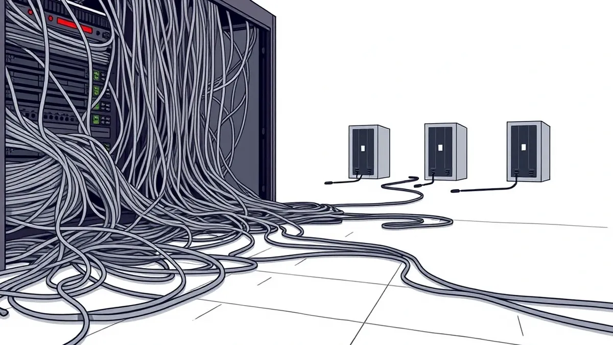Illustration: A tangled mess of thick gray cables spills from an open network rack, snaking across a concrete floor toward three distant, identical server towers standing in separa