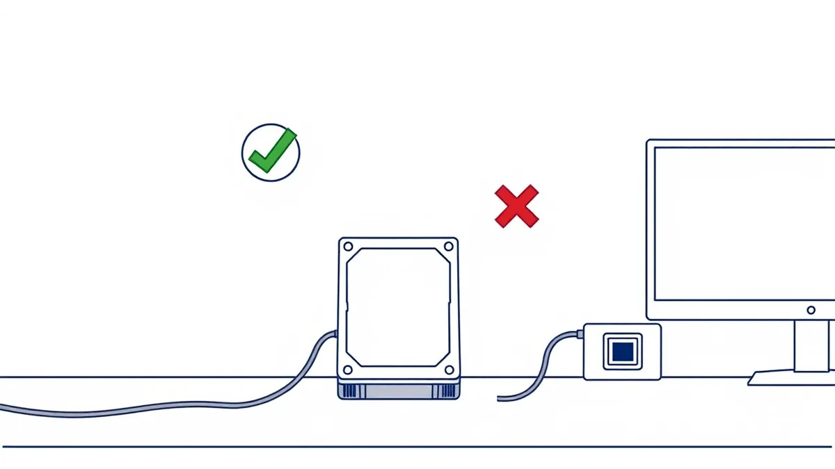 Illustration: A hard drive sits isolated on a clean desk beside a thick cable that ends in mid-air, never connecting to a computer.