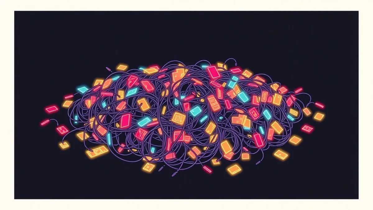 Illustration: A tangled mass of glowing, multi-colored digital keys sprawls across a dark, featureless surface.