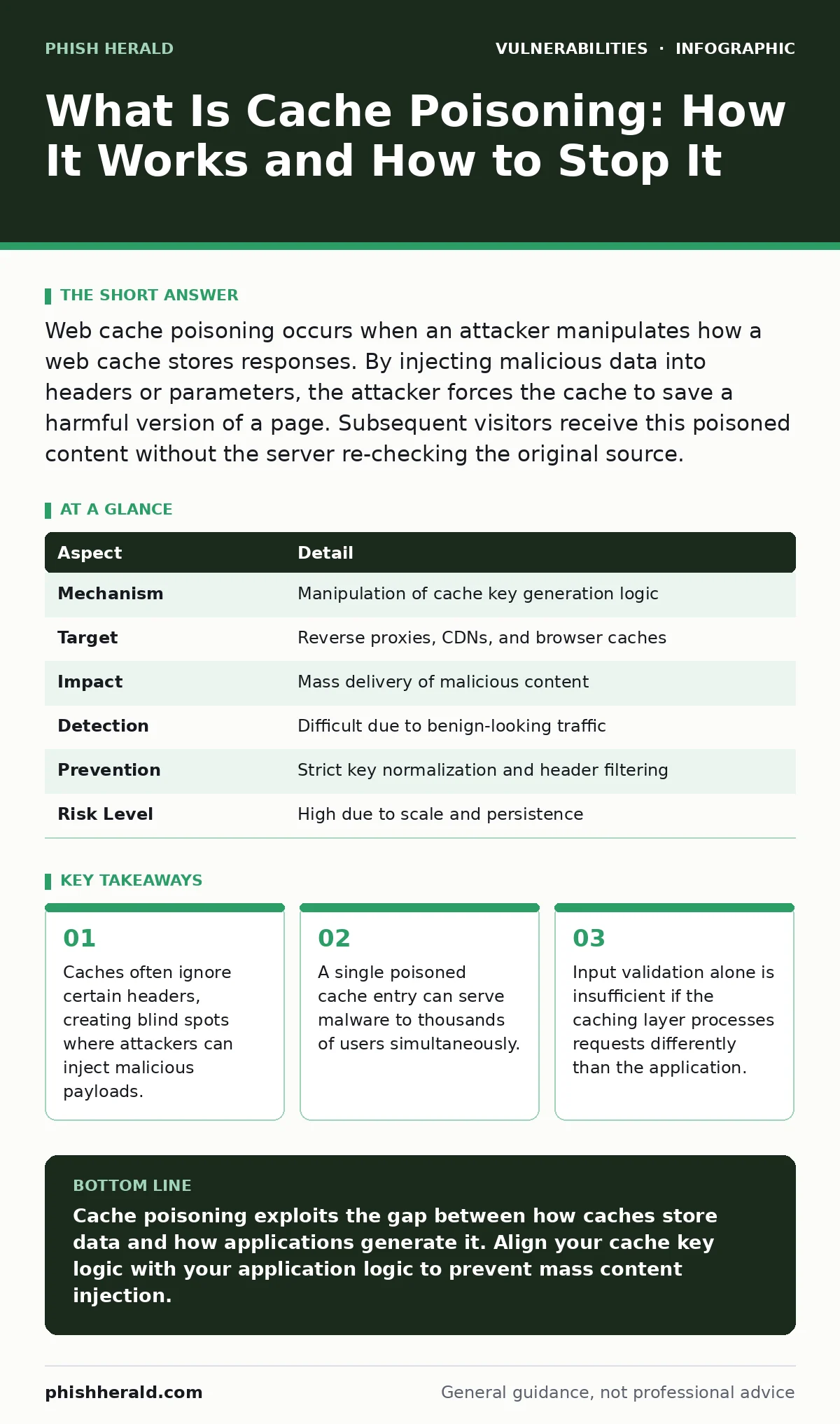 Infographic: What Is Cache Poisoning: How It Works and How to Stop It. Caches often ignore certain headers, creating blind spots where attackers can inject malicious payloads. A single poisoned cache entry can serve malware to thousands of users simultaneously. Input validation alone is insufficient
