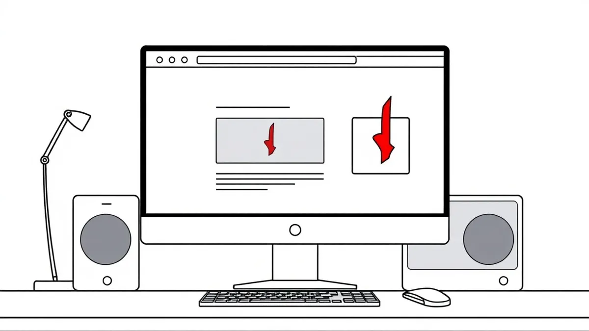 Illustration: A sleek web browser window sits on a clean desk, displaying a corrupted webpage with distorted abstract shapes instead of normal content.
